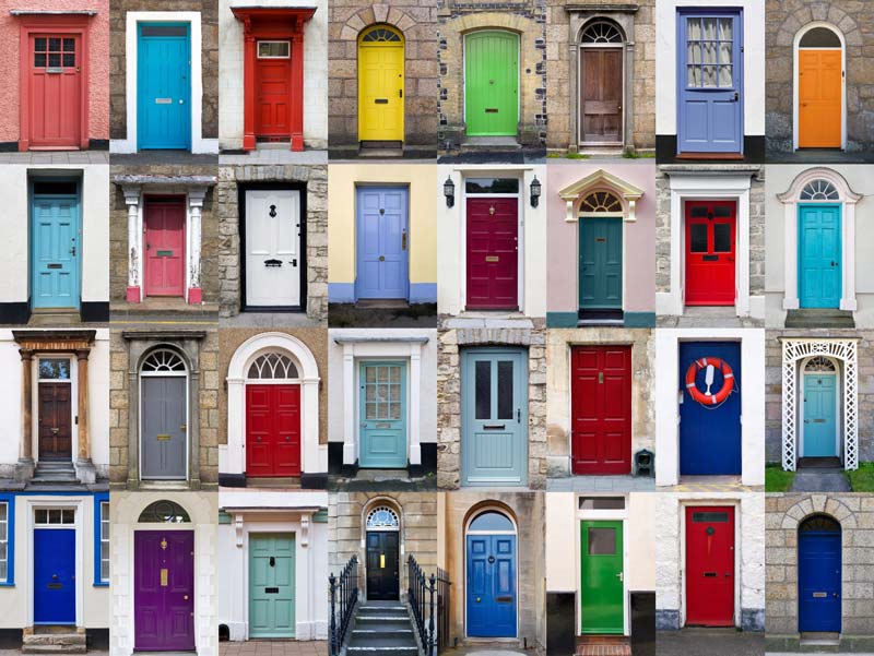 Collage of 32 home exterior doors of various colours