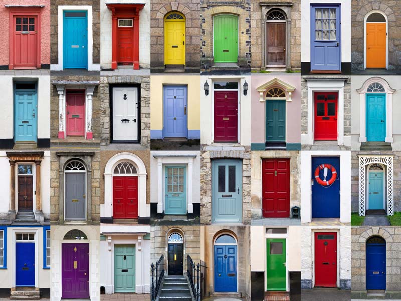 Collage of 32 home exterior doors of various colours